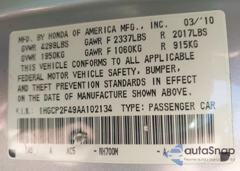 2010 Honda Accord 2.4 Lx-P from USA, damaged, VIN 1HGCP2F49AA102134